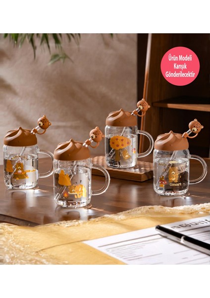 Sevimli Ayı Figürlü Silikon Kapaklı Pipetli Cam Kupa