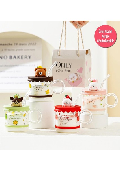 Sevimli Hayvan Figürlü Silikon Kapaklı Pipetli Cam Kupa