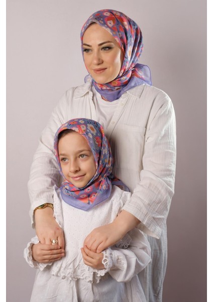 Mor Dijital Baskılı Anne Kız Kombin Tesettür Eşarp Pamuk Polyester Kelebek Desenli 6004_22