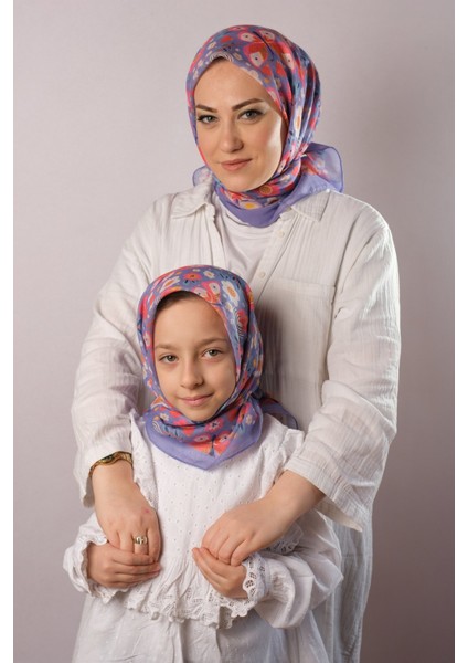 Mor Dijital Baskılı Anne Kız Kombin Tesettür Eşarp Pamuk Polyester Kelebek Desenli 6004_22 fiyatları