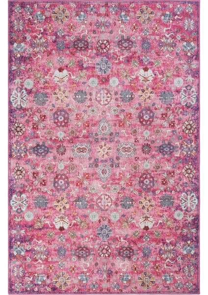 Private Fuşya Eskitme Vintage Halı Çiçek Desen Otantik Şönil Halı Yıkanabilir Salon Halısı