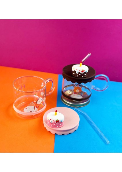 Happy Tasarımlı Silikon Kapaklı Pipetli Cam Kupa modelleri
