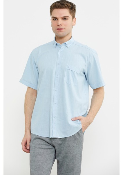 Geniş Kalıp Keten Karışımlı Gömlek - Mavi