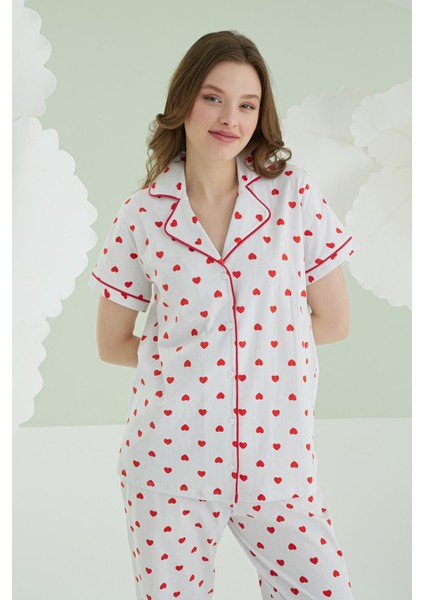%100 Pamuklu Kadın Ekru Kalpli Önden Düğmeli Pijama Takım fiyatları