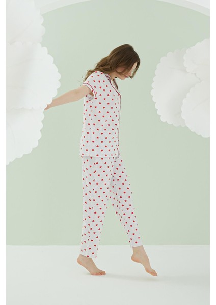 %100 Pamuklu Kadın Ekru Kalpli Önden Düğmeli Pijama Takım modelleri