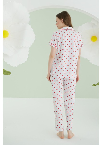 %100 Pamuklu Kadın Ekru Kalpli Önden Düğmeli Pijama Takım fırsatları