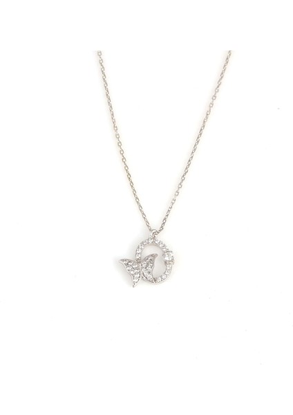 Çemberli Kelebek Modeli 925 Ayar Gümüş Kolye, Beyaz - Beyaz Taş