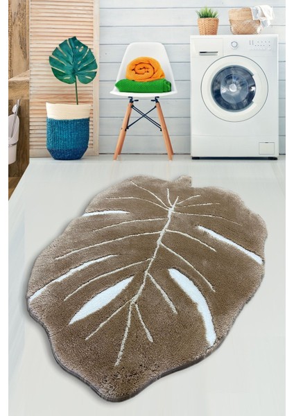 Frunze Bej 80x120 Cm Banyo Halısı Yıkanabilir Kaymaz Taban Paspas Klozet Takımı Akrilik