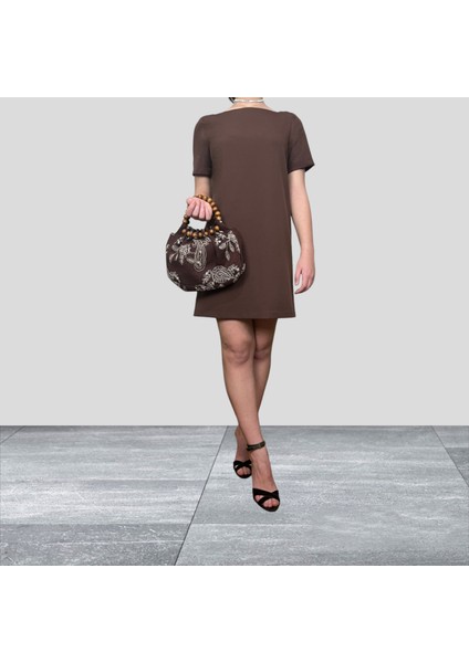 Kahverengi Kare Yaka Klasik Kısa Kollu Spor-Şık Mini Elbise -