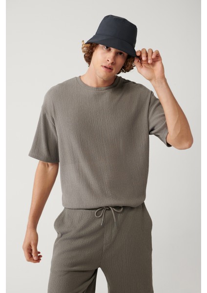 Erkek Antrasit Bisiklet Yaka Jakarlı Basic T-shirt A41y1311