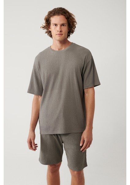 Erkek Antrasit Bisiklet Yaka Jakarlı Basic T-shirt A41y1311