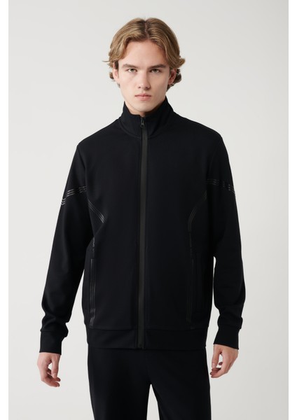 Erkek Siyah Dik Yaka Fermuarlı Baskılı Sweatshirt A41y1230