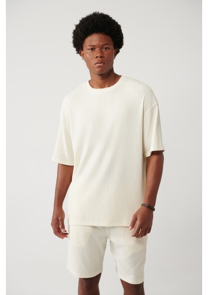 Erkek Ekru Bisiklet Yaka Jakarlı Basic T-shirt A41y1311