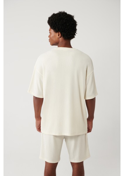 Erkek Ekru Bisiklet Yaka Jakarlı Basic T-shirt A41y1311