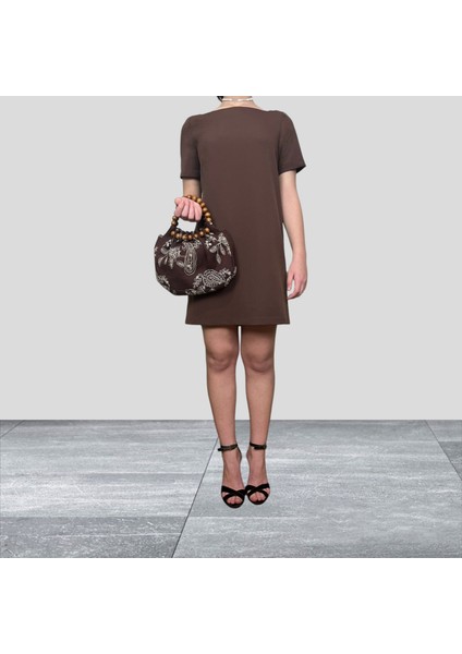 Kahverengi Kare Yaka Klasik Kısa Kollu Spor-Şık Mini Elbise - fırsatları