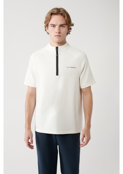 Erkek Ekru Dik Yaka Yarım Fermuarlı Baskılı Regular Fit T-Shirt A41Y1312 modelleri