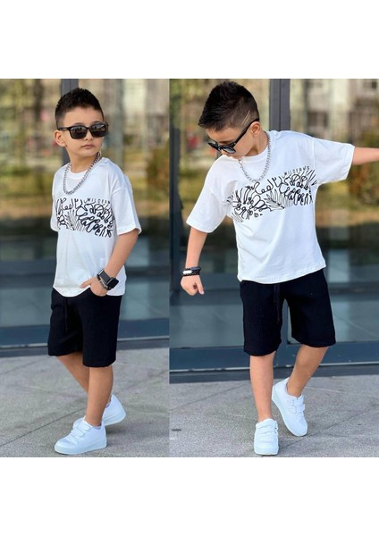 Erkek Çocuk Müslin Kumaş Alt Penye Kabartma Desenli T-Shirt 2'li Alt-Üst Takım Siyah Renk SNM02