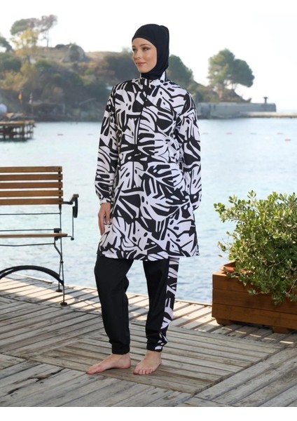 25965 Siyah Beyaz Fermuarlı Biyeli Tam Boy Tesettür Mayo modelleri