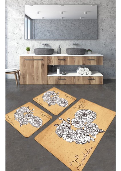 Vintage Roses 3'lü Set Banyo Halısı Kaymaz Tabanlı Klozet Takımı Paspas Seti Djtbanyo