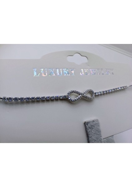 Taşlı Sonsuz Figürlü, Taşlı Zincirli Asansör Kilitli Çelik Bileklik - 24 cm