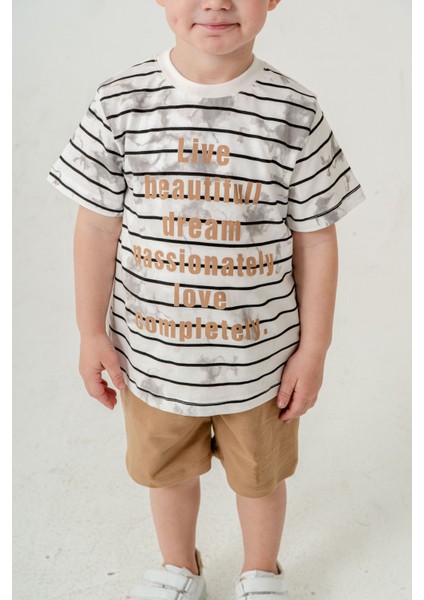 Erkek Çocuk Çizgili T-Shirt Şort Alt Üst Yazlık Ikili Takım Açık Kahve