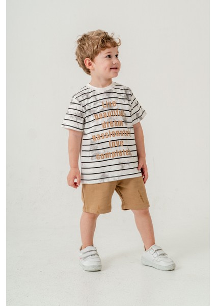 Erkek Çocuk Çizgili T-Shirt Şort Alt Üst Yazlık Ikili Takım Açık Kahve