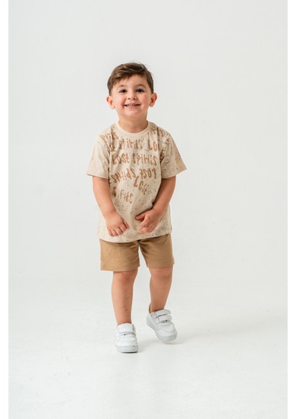 Erkek Çocuk Harf Alt Üst Yazlık T-Shirt Şort Ikili Takım Bej