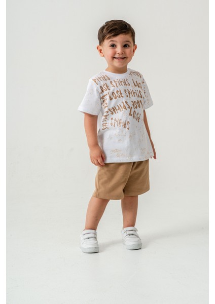 Erkek Çocuk Harf Alt Üst Yazlık T-Shirt Şort Ikili Takım Beyaz