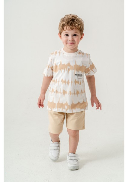 Erkek Çocuk Fashion Design T-Shirt Şort Alt Üst Yazlık Ikili Takım Bej