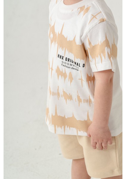 Erkek Çocuk Fashion Design T-Shirt Şort Alt Üst Yazlık Ikili Takım Bej modelleri