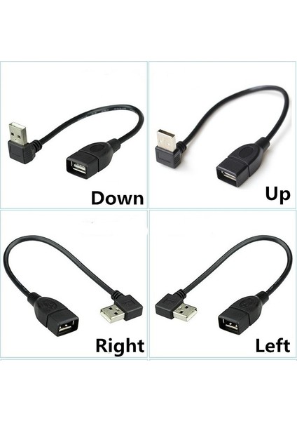 10CM 20CM 40CM 90 Derece Yukarı Aşağı Sol Sağ Açılı USB 2.0 A Erkek USB Dişi Uzatma Adaptörü Siyah Kablo (Yurt Dışından)