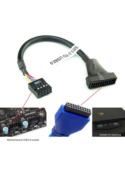 Yenı Anakart Başlık Adaptörü USB 2.0 9 Pin Dişi Anakart USB 3.0 20 Pin Erkek USB 2.0 Ila 3.0 Adaptör Uzatma Kablosu (Yurt Dışından)