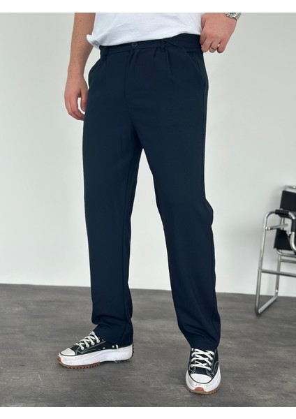 Erkek Baggy Fit Pileli Kumaş Pantolon Lacivert modelleri