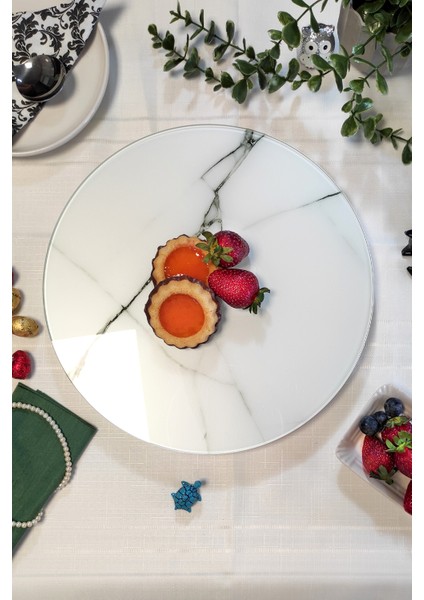 SUNUM360 Beyaz Mermer Desenli, Dönen Standlı Lüx Servis Sunum Tabağı. Dönen Pasta ve Peynir Tabağı Standı Lazy Susan