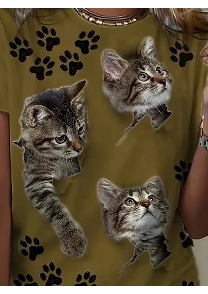Kadın Kısa Kollu Kedi ve Pati Baskılı Süprem T-Shirt fiyatları