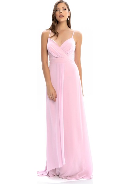 Pembe Sırt Dekolteli Kruvaze Yaka Askılı Şifon Abiye