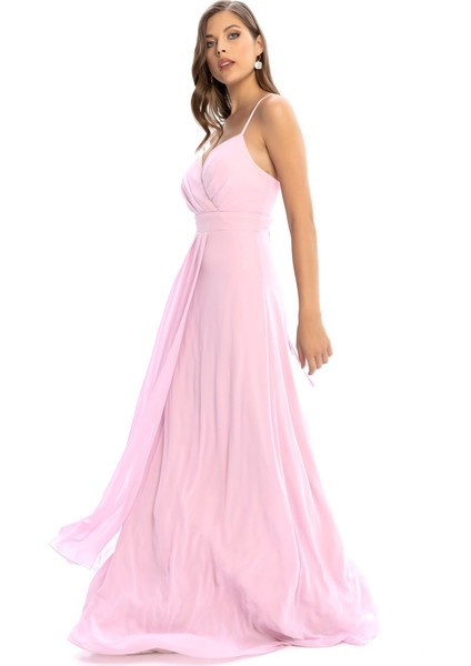 Pembe Sırt Dekolteli Kruvaze Yaka Askılı Şifon Abiye fiyatları