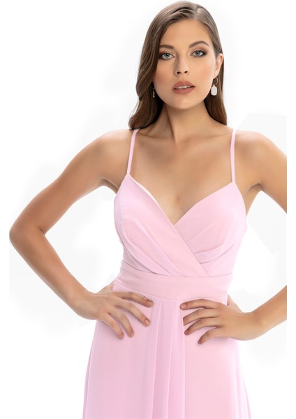 Pembe Sırt Dekolteli Kruvaze Yaka Askılı Şifon Abiye modelleri