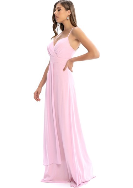 Pembe Sırt Dekolteli Kruvaze Yaka Askılı Şifon Abiye fırsatları