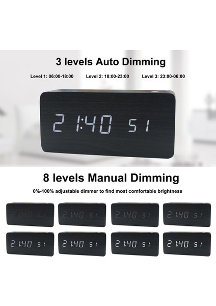 Ahşap Sayısal Alarm Saat 8 Seviyeli Ayar 가능 Parlaklık LED Ekran (Yurt Dışından)