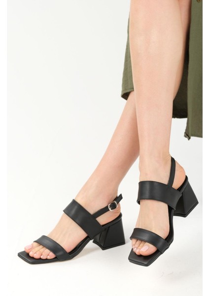 Astrid Siyah Renk Çift Bantlı Topuklu Kadın Sandalet modelleri