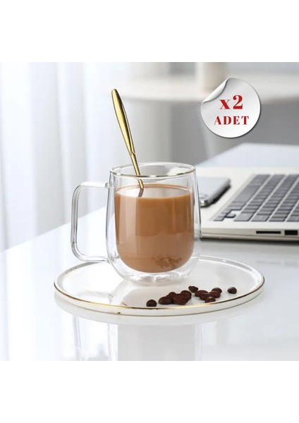 Çift Camlı Çift Cidarlı Cam Kupa 350 ml Ev Ofis Fincanı Çift Camlı Kulplu Bardak 2'li