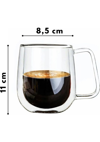 Çift Camlı Çift Cidarlı Cam Kupa 350 ml Ev Ofis Fincanı Çift Camlı Kulplu Bardak 2'li