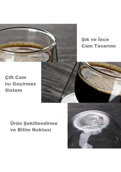 Çift Camlı Çift Cidarlı Cam Kupa 350 ml Ev Ofis Fincanı Çift Camlı Kulplu Bardak 2'li