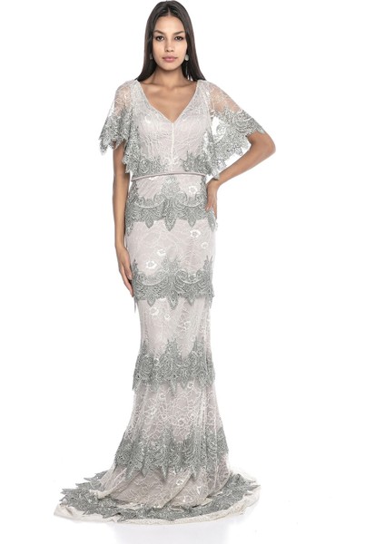 Su Yeşili Kol Detaylı V Yaka Dantel Abiye