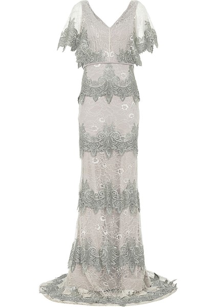 Su Yeşili Kol Detaylı V Yaka Dantel Abiye fiyatları