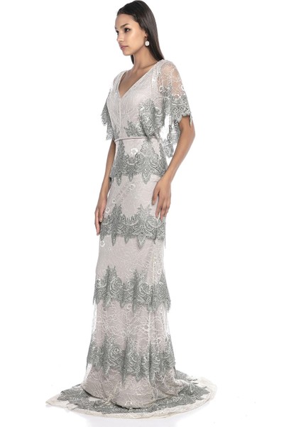 Su Yeşili Kol Detaylı V Yaka Dantel Abiye fırsatları