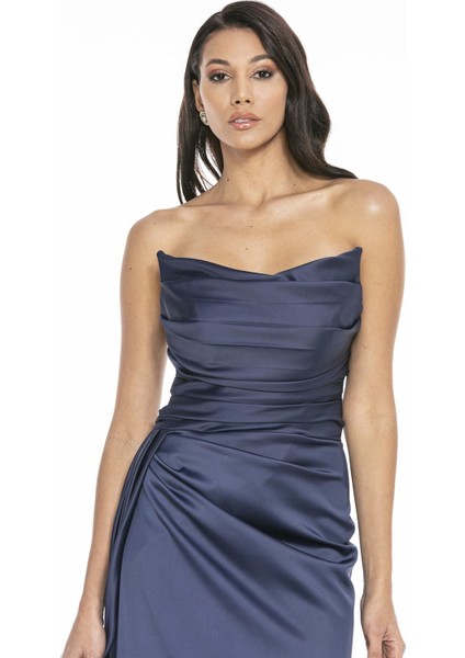 Lacivert Straplez Yırtmaçlı Saten Abiye Elbise fırsatları