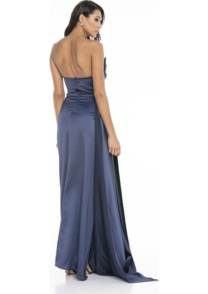Lacivert Straplez Yırtmaçlı Saten Abiye Elbise indirimleri
