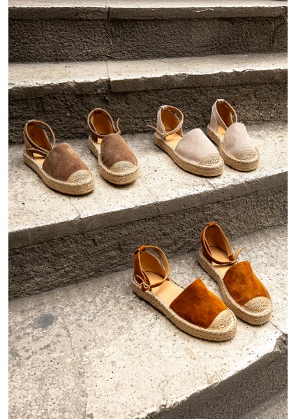 Kadın Deri Bilekten Bağlamalı Jüt Espadril Olive Süet Sandalet Zoder